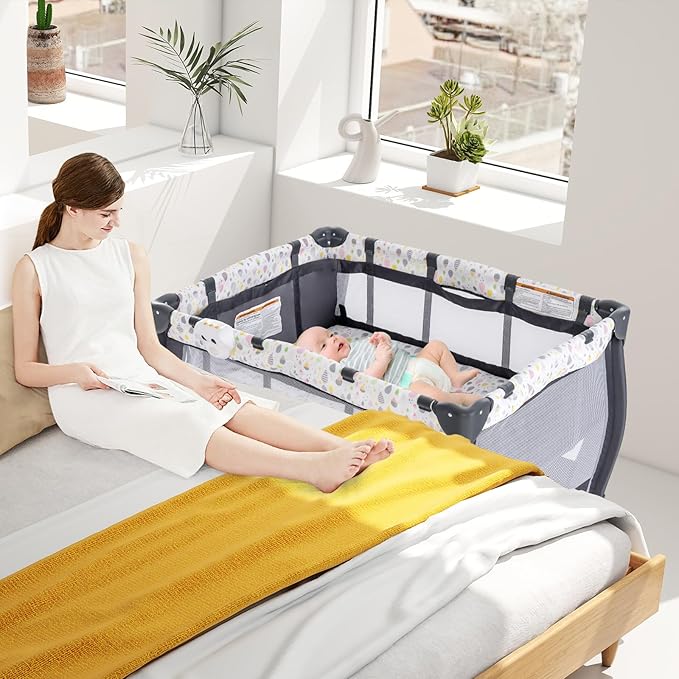 HONEY JOY Pack and Play, 3 in 1 Portable Baby Playard with Bassinet, Changing Table, Lockable Wheels, Music Box, Foldable Travel Baby Crib Nursery Center from Newborn to Toddler (Water Drop Gray)
