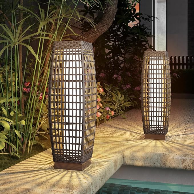 Grand patio 2-Piece Outdoor Floor Lamp Solar Powered Lantern Water-Resistant Wicker Deck Light for Garden or Porch - Medium Fuji, Silver Gray