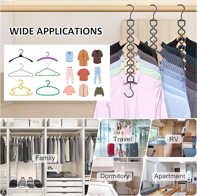 12 Pack Space Saving Hangers for Clothes, Heavy Duty 30Lbs Capacity Magic Clothes Space Saver Sturdy Metal Hanger Organizer with 360° Swivel Hook, Closet Organizers Storage Dorm Essentials Black