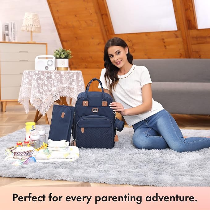 Dikaslon Diaper Bag Backpack with Portable Changing Pad, Pacifier Case and Stroller Straps, Large Unisex Baby Bags for Boys Girls, Multipurpose Travel Back Pack Moms Dads, Navy Blue