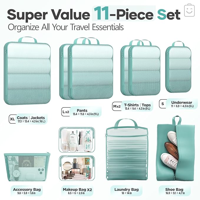 Veken 11 Set Compression Packing Cubes for Travel Essentials,Compressible Expandable Large Luggage Suitcase Organizer Bags for Clothing,Durable Space Saver Storage Bags with Toiletry Bags(Blue Green)