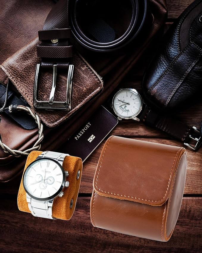 MR.OKAY Single Watch Travel Case-Classic Leather Watch Case With Superb Texture.Portable Watch Roll Or Organizer For Storage And Display.Travel Gift for Men,All Handmade By Leather Craftsmen.