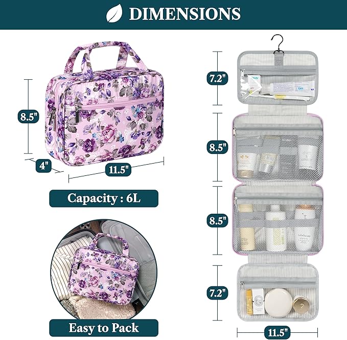 PAVILIA Hanging Toiletry Bag Travel Bag Women Men, Foldable Cosmetic Organizer, Roll up Makeup Bag, Water Resistant Accessories Toiletries, Large Travel Essentials Kit (Purple Floral)
