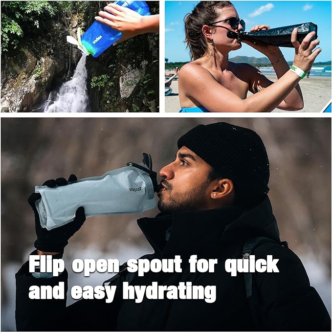 Vapur Collapsible Water Bottle With Carabiner, Compact Bottle Folds Flat For Hydration On The Go, Ideal for Traveling, Hiking or Camping, 34 Ounce, Grey & Teal, Pack of 1