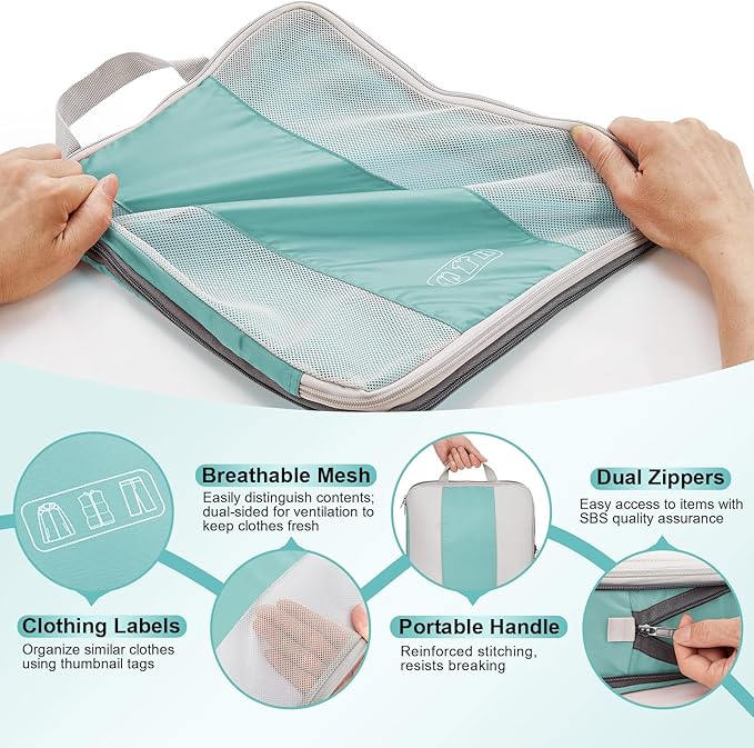 8 Set Compression Packing Cubes for Travel Essentials,Compressible Expandable Packing Cubes for Suitcase,OlarHike Luggage Organizer Bags for Travel,Handy Helper for Organizing Clothes(New Blue Green)