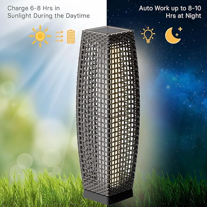 Grand patio Solar Outdoor Floor Lamp Water-Resistant Wicker Deck Lantern Light for Garden or Porch-Large Fuji, Dark Brown