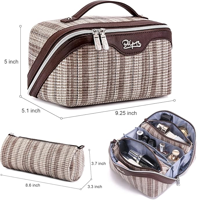 Travel Makeup Bag for Women: Large Capacity Open Flat Make up Bag Set of 3 - Vegan Leather Cosmetic Bag with Compartments - Waterproof Toiletry Bag with Handle & Divider(Brown)