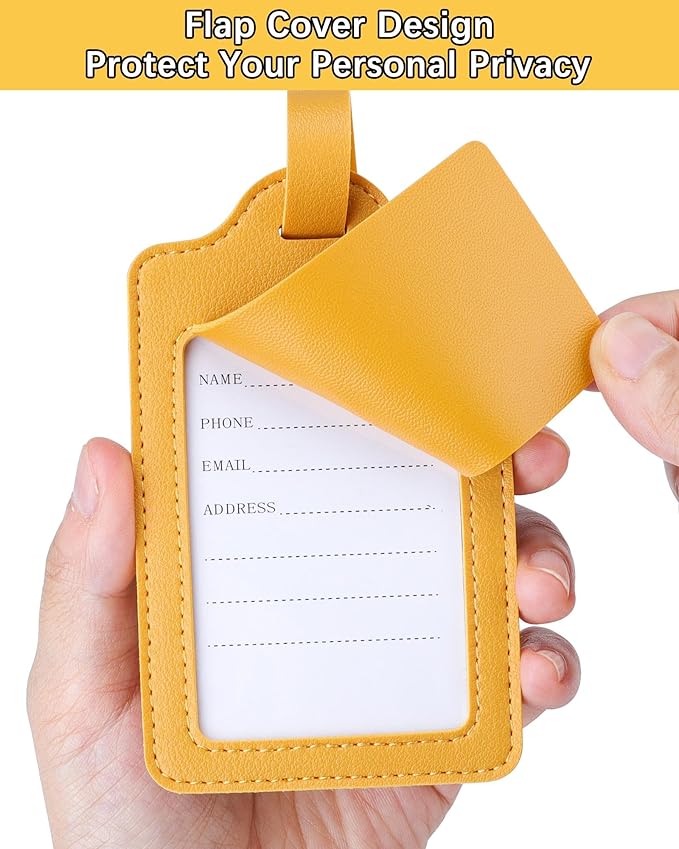 Teskyer Luggage Tags for Suitcases, TSA Approved with Privacy Protection Cover, Premium Faux Leather Bag Tags for Travel - 2 Pack, Yellow
