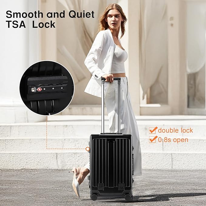 24 Inch Check-In Luggage Aluminum Frame Zipperless Luggage, Hard Shell Suitcase TSA Approved Checked Luggage, ABS+PC Lightweight Zipperless Suitcase with Spinner Wheels (Black)