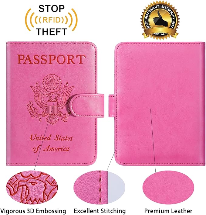 Passport Holder Cover Wallet RFID Blocking Leather Card Case Travel Accessories for Women Men (Pink)