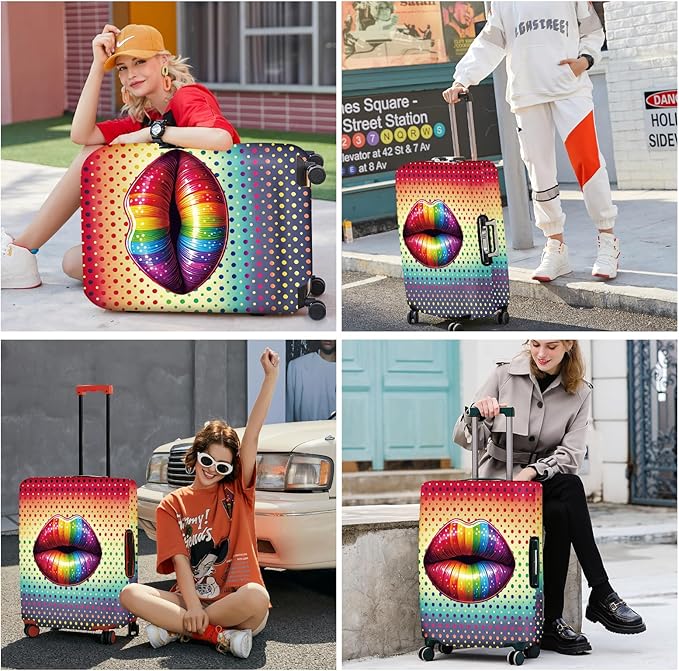 ANNA QUEEN Pop Art Rainbow Lips Luggage Cover, Colorful Suitcase Protector with Bold Lip Design, Stretchable, Washable Travel Cover for 32-34 Inch Luggage, Fun & Fashionable Style