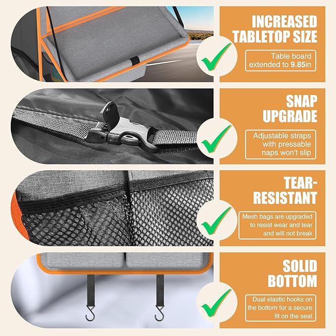 Car Backseat Organizer with Tablet Holder,11 Storage Pockets with Foldable Food Tray, Protector Kick Mats for Kids, Travel Accessories Organizer (Orange, 1Pack)