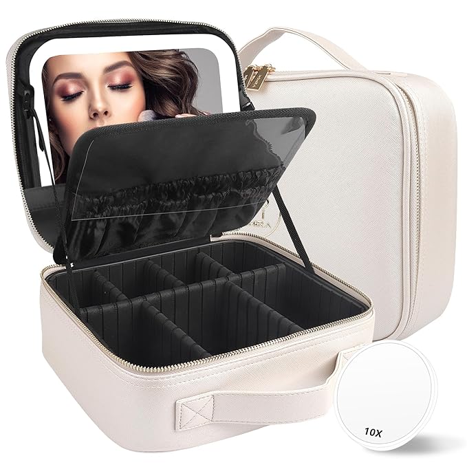 MOMIRA Travel Makeup Bag Cosmetic Bag Makeup Organizer Bag with Lighted Mirror, Adjustable Brightness in 3 Color Scenarios, Waterproof Makeup Train Case, Gift for Women - Khaki