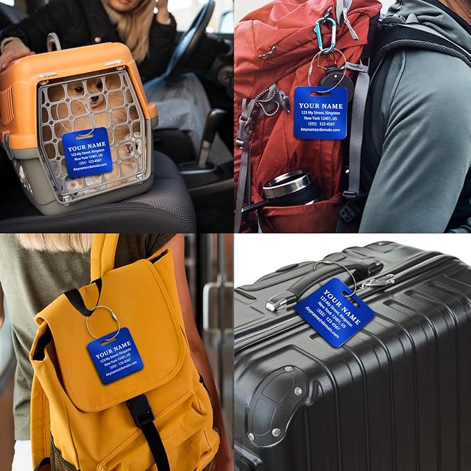 Personalized Luggage Tags for Suitcases (2/4/6/8 Pack) - Custom Engraved Metal Travel Tag, Customizable Pattern/Name/Text for Bags Backpacks Suitcases