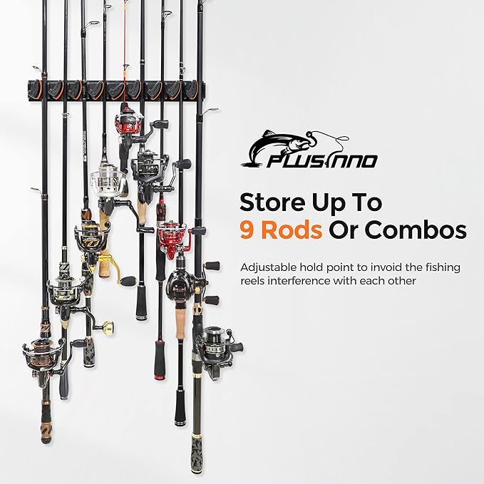 PLUSINNO V9 Vertical Fishing Rod Holders, Wall Mount 4-Pack - Holds 36 Rods, Diameter 3-19mm