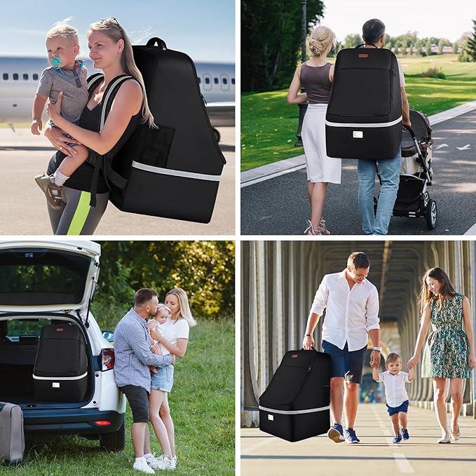 Car Seat Travel Bag,Padded Car Seats Backpack with Steel Cable Handle and Reflective Stripes, Large Durable Carseat Carrier Bag,Airport Gate Check Bag,Infant Seat Travel Bag with Shoulder Strap,Black