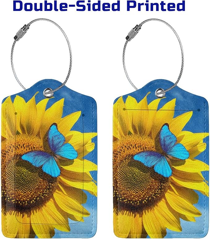 Set of 2 Pretty Sunflower Luggage Tags with Blue Butterfly Pattern, Yellow Flower Leather Suitcase Tag Privacy Name ID Card Travel Bag Labels with Stainless Steel Loop Birthday Gifts for Women Girls