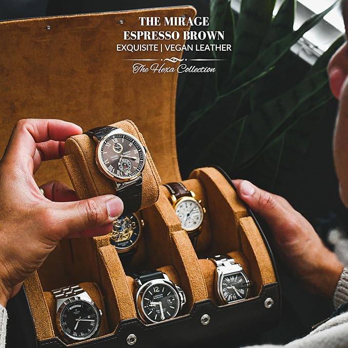 6 Watch Travel Cases for Men - Watch Roll 6 Slots Travel Organizer - Espresso Brown -Signature Hexa Collection