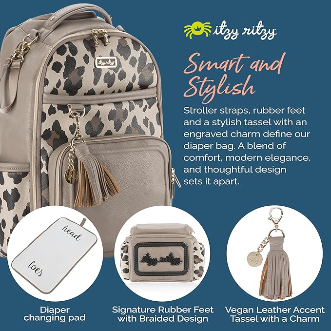 Itzy Ritzy Diaper Bag Backpack – Large Capacity Boss Plus Baby Backpack Diaper Bag Featuring 19 Pockets, Changing Pad, Stroller Clips, and Comfortable Straps (Leopard)