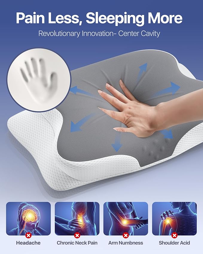 Cervical Pillow for Neck Pain Relief - Ergonomic Memory Foam Pillow with Cooling Case Orthopedic Support Side Sleeper Pillow for Pain Relief Support for Side Back Stomach Sleepers (Grey)