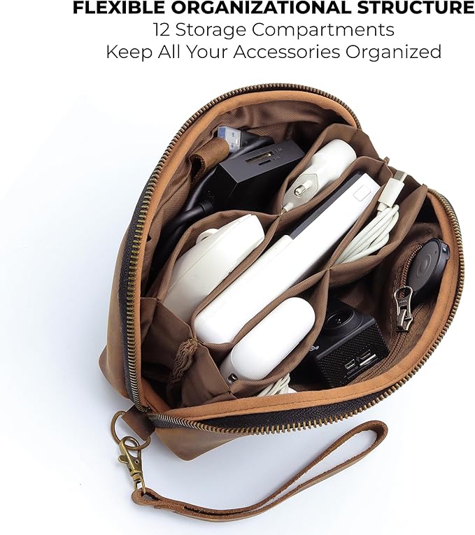 Leather Tech Pouch for Cables Chargers Phone | Tech Bag | Zipper Travel Accessory Pouch | Electronic Organizer Case Travel Bag (Large Vintage Dark Brown)