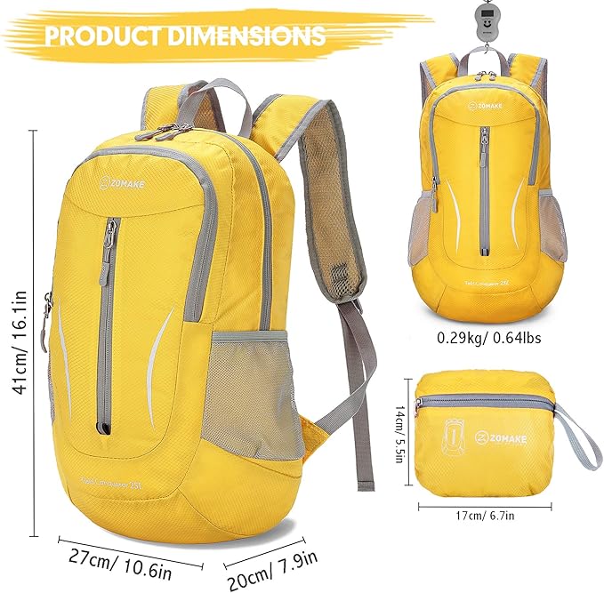 ZOMAKE Ultra Lightweight Packable Backpack 25L, Foldable Hiking Backpacks Water Resistant Small Folding Daypack for Trave(Lemon yellow)