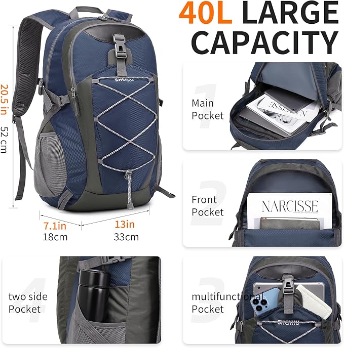 40L Hiking Backpack Lightweight Daypack Waterproof Travel Camping Backpack for Men Women Sport Packable