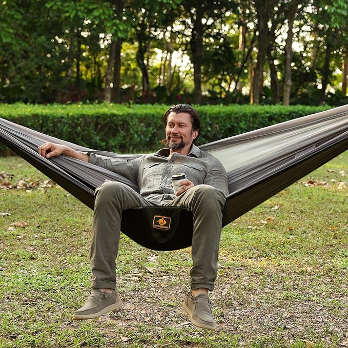 Camping Hammock, Portable Hammocks with Mosquito Net,Lightweight Nylon Parachute Hammock with 10ft Tree Straps,Camping Gear Must Haves for Travel Hiking Backpacking Beach Patio-Black&Grey