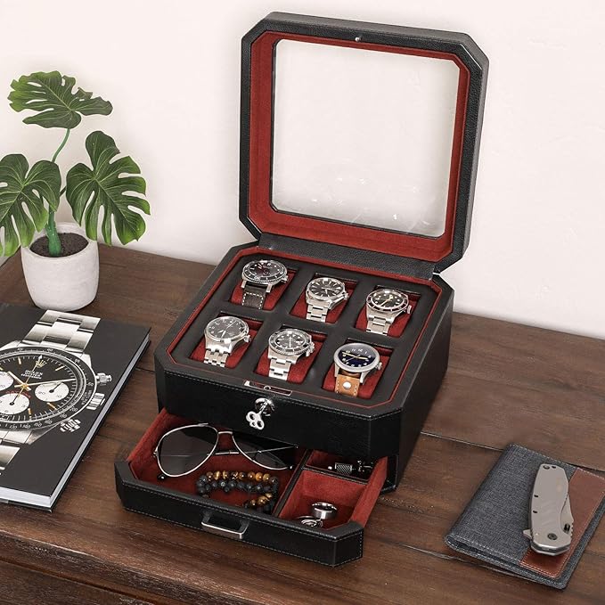 ROTHWELL Gift Set 6 Slot Leather Watch Box and 2 Watch Travel Case - Luxury Case Organizer, Microsuede Liner, Locking Mens Jewelry Watches Holder, Storage Boxes Glass Top (Black/Red Gift Set)