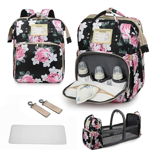 Diaper Bag Backpack Waterproof Baby Bag Large Capacity Multifunction Nappy Bags Floral Insulated Durable Travel Maternity Back Pack with Changing Station for Baby （Black）