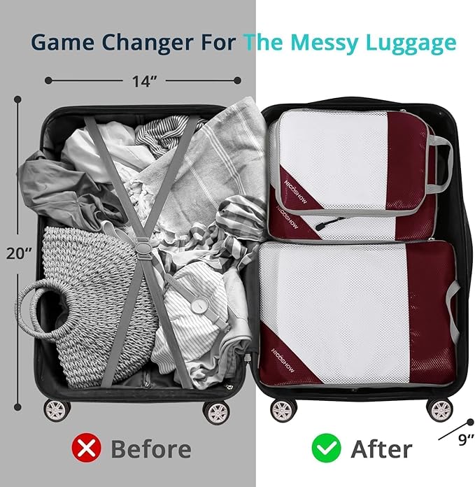 3 Set Compression Packing Cubes for Travel - Compressible, Lightweight, and Space-Saving Packing Cubes, Travel Essentials for Women, Wine