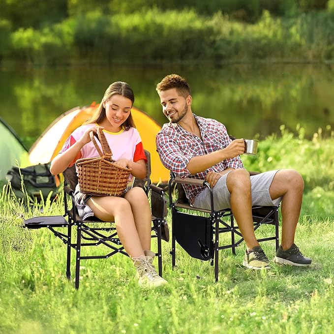 VINGLI Camping Chairs, Directors Chair, Camping Chair with Side Table & Carry Bag，Heavy Duty Camping Chairs for Adults, Portable Folding Camping Chair, Pocket for Beach, Fishing,Trip,Picnic,Lawn-Brown