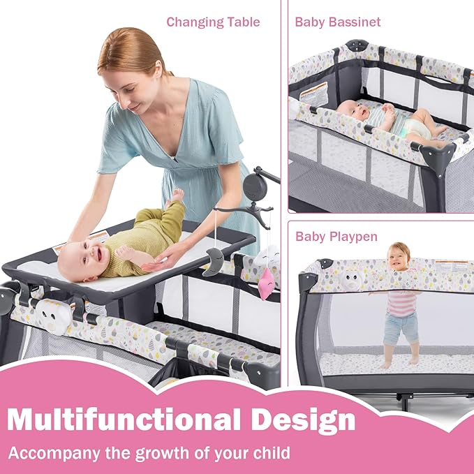 HONEY JOY Pack and Play, 3 in 1 Portable Baby Playard with Bassinet, Changing Table, Lockable Wheels, Music Box, Foldable Travel Baby Crib Nursery Center from Newborn to Toddler (Water Drop Gray)