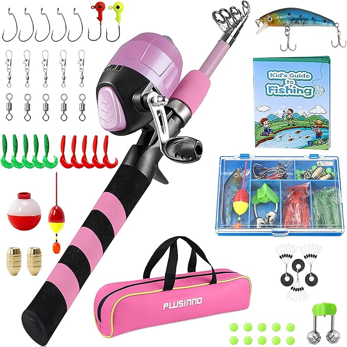 PLUSINNO Kids Fishing Pole, Portable Telescopic Fishing Rod and Reel Combo Kit - with Spincast Fishing Reel Tackle Box for Boys, Girls, Youth