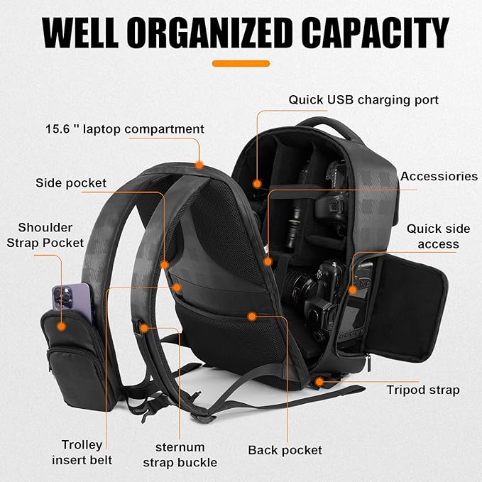 Cwatcun Camera Backpack Waterproof Camera Bag, Multi-Functional Travel Photography Bag Camera Case with 15.6" Laptop Compartment and Tripod Holder for Canon/Nikon/Sony SLR/DSLR/Mirrorless Camera