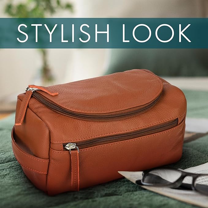 ELIZO Premium REAL Leather Toiletry Bag for Men Dopp Kitt Hanging Mens Toiletry Large TSA Toiletries Bag Shaving Grooming Bag Organizer Espresso (Tuscan, Large)