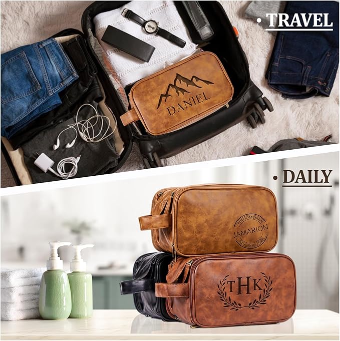 Personalized Leather Toiletry Bag for Men - Double Layer Reinforced Handle,Large Water Resistant Shaving Dopp Kit,Travel Essential,Wedding Groomsmen Gift