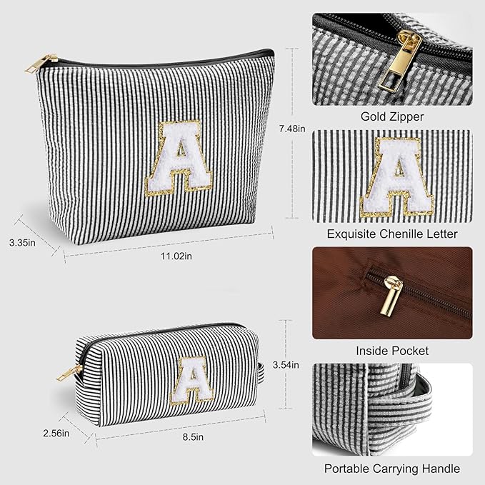 YOOLIFE Teacher Appreciation Gifts for Women - Personalized Birthday Gifts Idea for Women Teacher Best Friend Mom Bridesmaid, Large Initial Makeup Bag, Cosmetic Toiletry Bag Case Make Up Pouch Black T