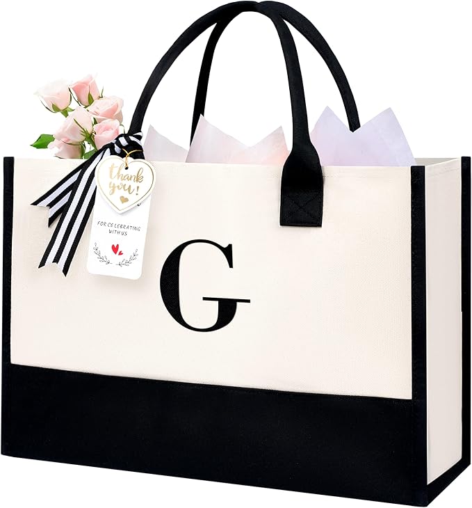 BAGAIL Initial Tote Bag, Personalized Birthday Gifts for Women, Teacher, Friends, Mom, Wedding, Monogrammed Beach Bag