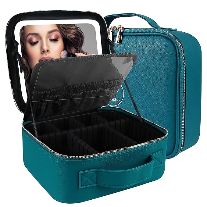 MOMIRA Travel Makeup Bag Cosmetic Bag Makeup Organizer Bag with Lighted Mirror, Adjustable Brightness in 3 Color Scenarios, Waterproof Makeup Train Case, Gift for Women - Greenish Blue
