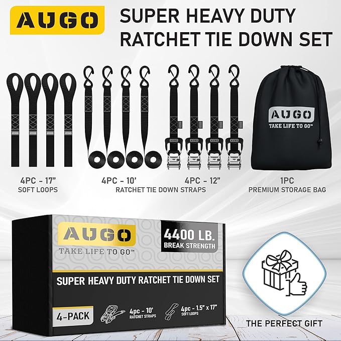 AUGO Heavy Duty Ratchet Straps & Soft Loops – Pack of 4 Extra Strong 1.5” by 10’ Ratchet Straps w/S-Hook Safety Latches & 4 Soft Loop Tie Downs – 4400Lb Break Strength for Motorcycles, ATVs, Etc.