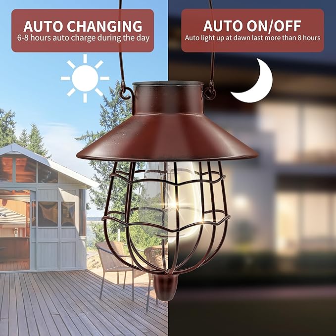 2 Pack Solar Lanterns Outdoor Waterproof Hanging Solar Lights with Vintage Metal Warm White Light Edison Bulb Design, Decorate for Garden Yard Porch and Christmas (Red)
