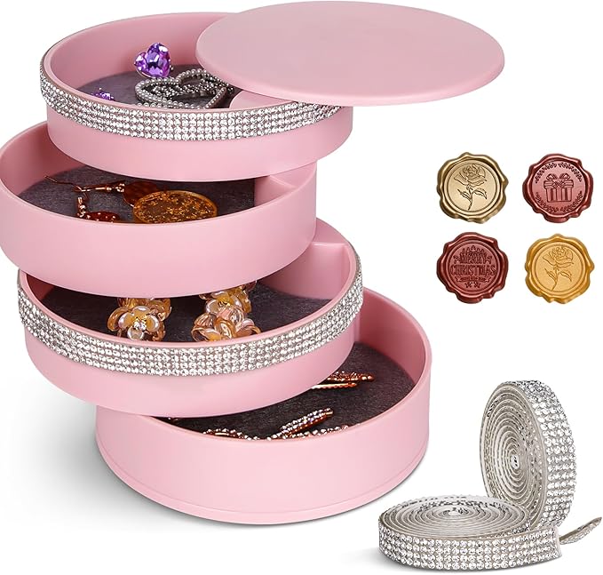 CONBOLA Jewelry Holder Organizer, Christmas Gifts Ideas for Women, Small Jewelry Storage Box Earring Holder, 5-Layer Rotating Jewelry Storage Tray with Lid for Bracelets Rings Bracelets