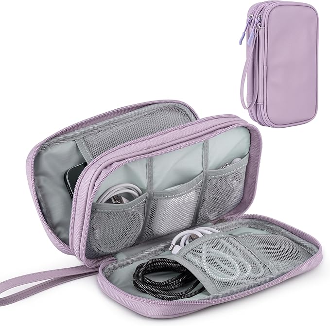 Leather Travel Electronic Organizer - Double Layer, Waterproof Case for Cables, Chargers, Phones & More - Portable, Shockproof Pouch for All Your Electronics Accessories (Light Purple, M)