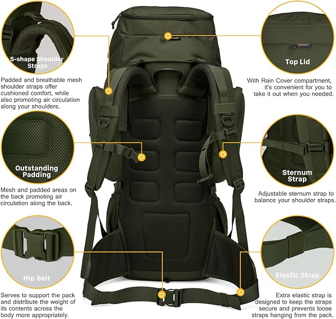 Mardingtop 60L Military Internal Frame Backpack for Hiking,Camping,Hunting,Rucksack Backpack with Rain Cover