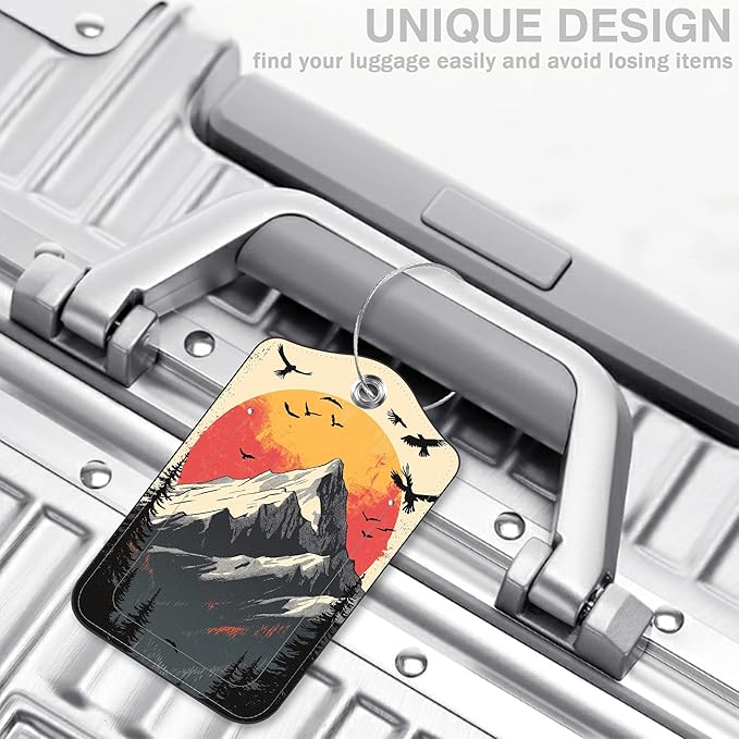 2 Pcs Mountain at Sunset Luggage Tags for Suitcases PU Leather Baggage Tags Name ID Label with Privacy Cover and Stainless Steel Loop for Men Women Travel Bag Suitcase