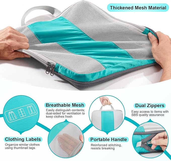 8 Set Compression Packing Cubes for Travel Essentials,Compressible Expandable Packing Cubes for Suitcase,OlarHike Luggage Organizer Bags for Travel,Handy Helper for Organizing Clothes(Blue Green)