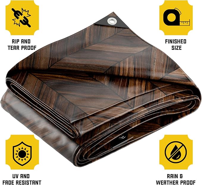Core Tarps Extreme Heavy Duty 20 Mil Tarp Cover, Waterproof, UV Resistant, Rip and Tear Proof, Poly Tarpaulin with Reinforced Edges for Roof, Camping, Patio, Pool, Boat (Brown Wood/Black 25′ X 40′)