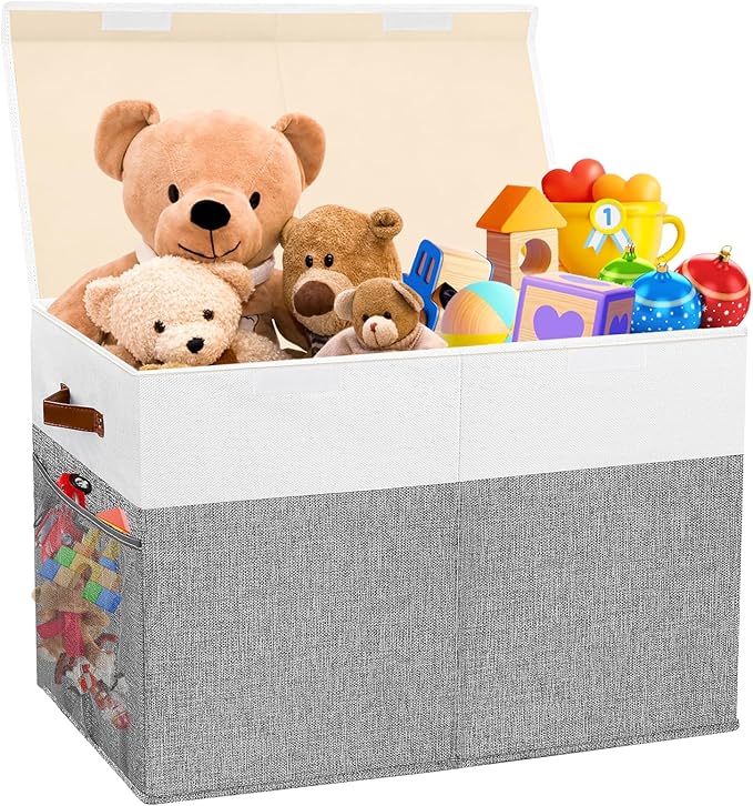 Large Toy Storage Box with Lid, Collapsible Sturdy Toys Storage Organizer Chest Bin Basket with Mesh Divider for Kids, Boys, Girls, Closet, Playroom, Bedroom, Nursery, 26"x17"x17" (Gray and White)