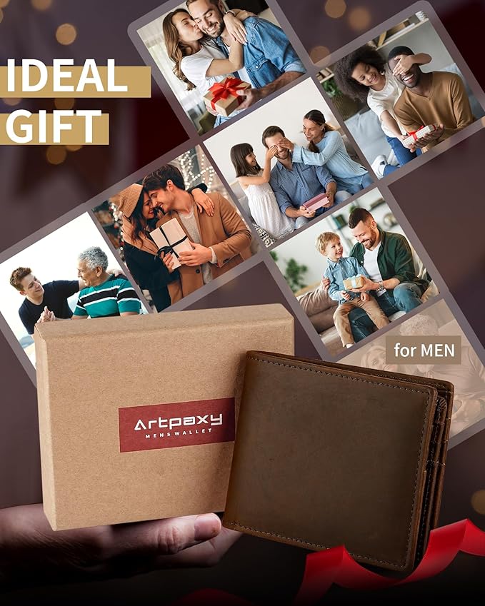 Mens Wallet Genuine Leather Bifold RFID Blocking Wallet for Men with 1 ID Window 13 Card Holders 2 cash pockets 1 Gift Box
